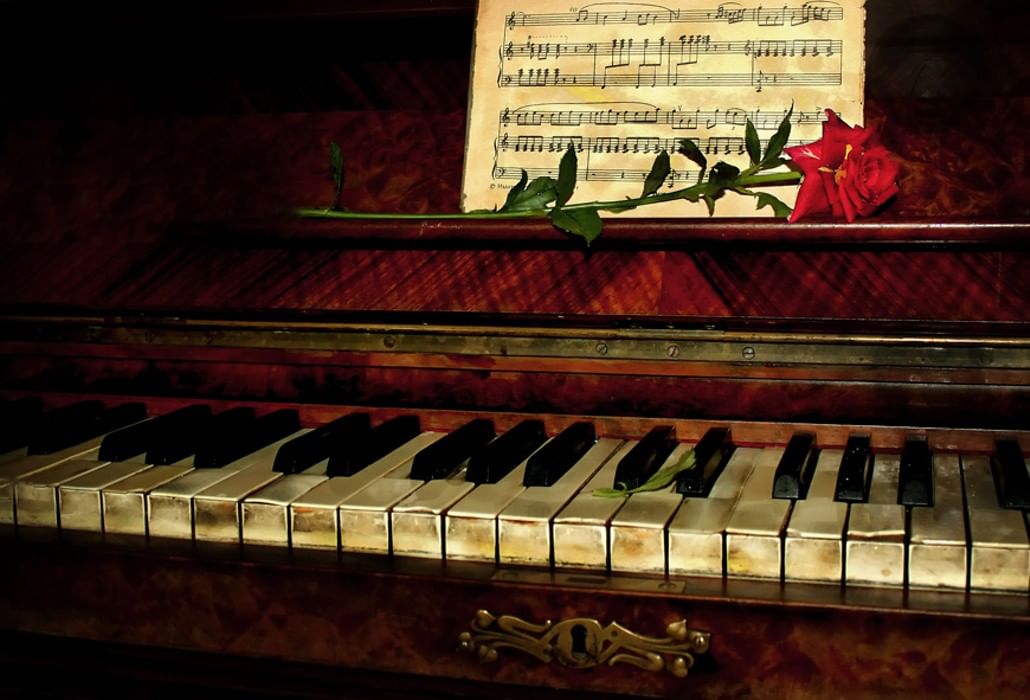 Инструменты для романса. Старинное пианино. Красивое пианино. Цветы на рояле. Пианино классическое.